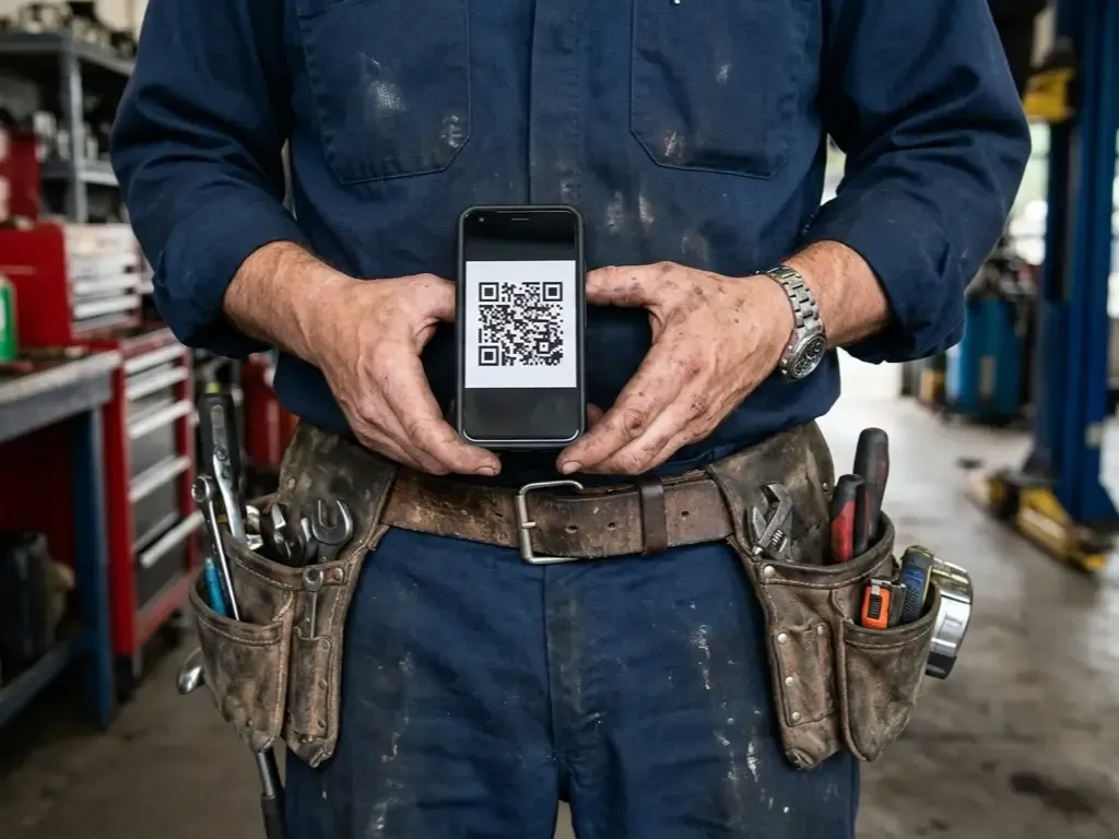 A close-up of a technician wearing a tool belt and holding a smartphone with a QR code for getting reviews