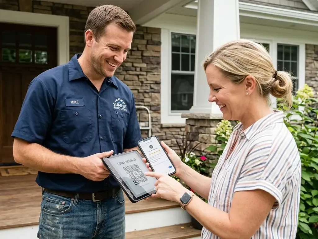 A smiling home contractor named Mike in a navy blue shirt shows a review app with a QR code on a tablet to a female homeowner standing on a front porch.