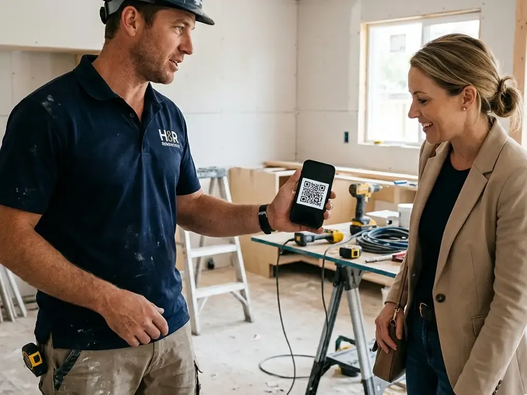 A construction contractor in a dark polo shirt and hard hat shows a QR code on his smartphone to a female client in a beige blazer inside a house under renovation.
