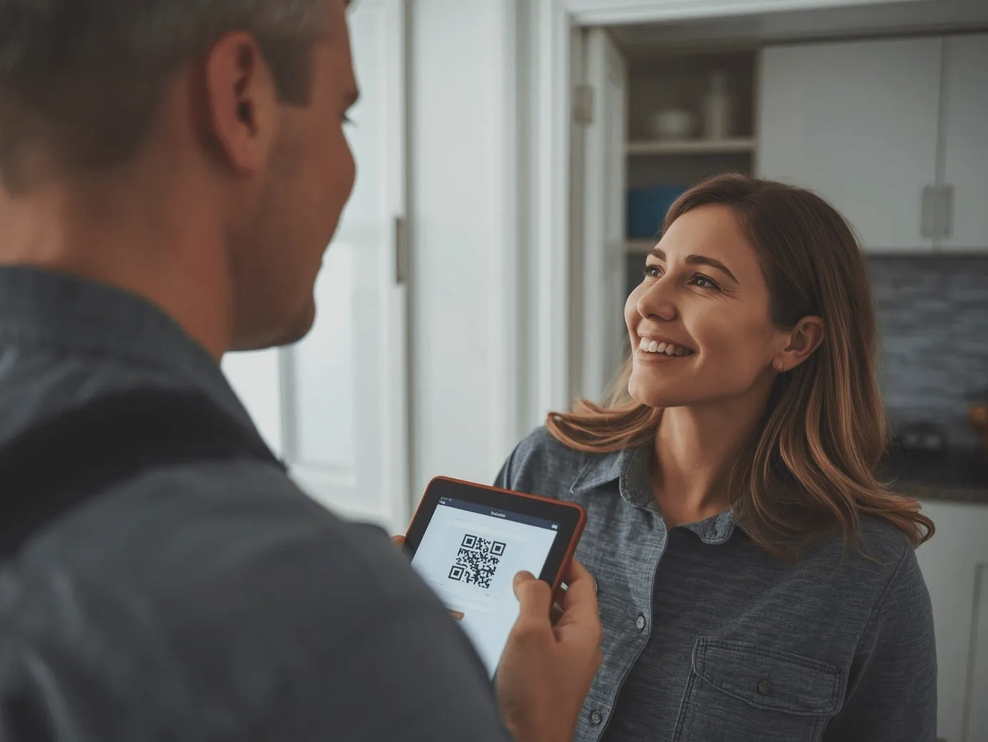 A smiling female customer looking at a service technician holding a tablet with a QR code for an instant business review or feedback.