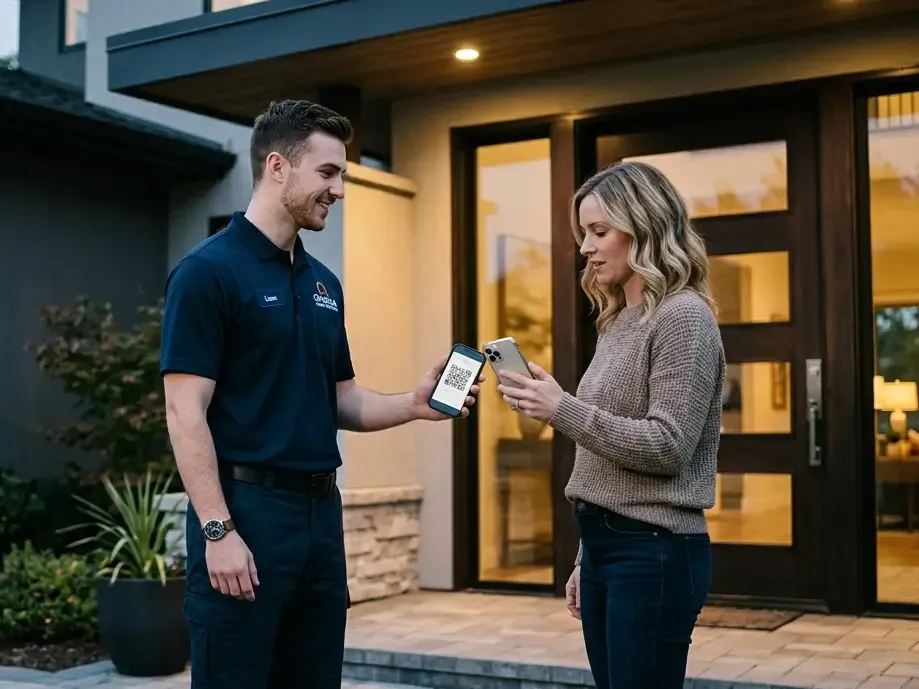 A male service technician stands outside a modern house, holding up his smartphone to display a QR code for a woman who is scanning it with her own phone.