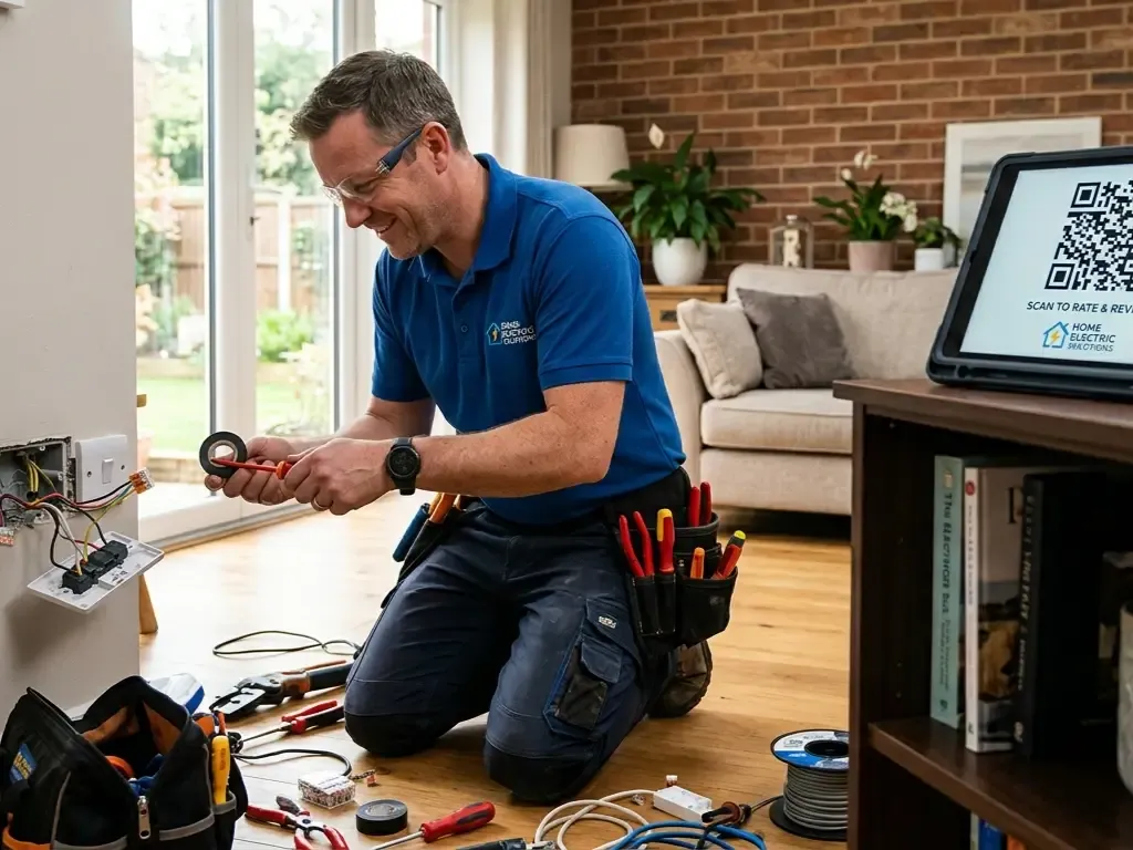 An electrician working on a wall outlet next to a digital tablet displaying a QR code for asking for reviews.