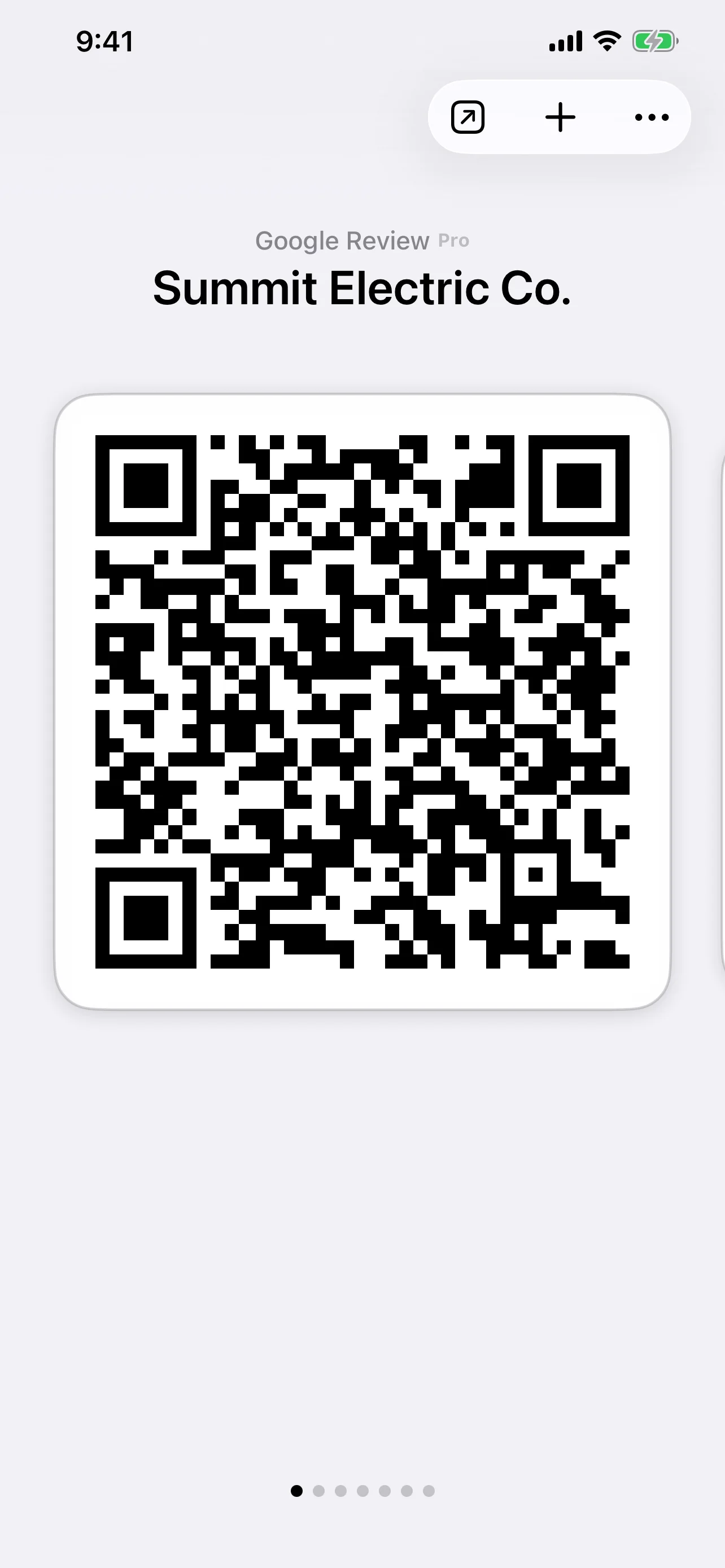 Screenshot of the QR Pad iPhone app showing a review QR code ready to share with a customer.