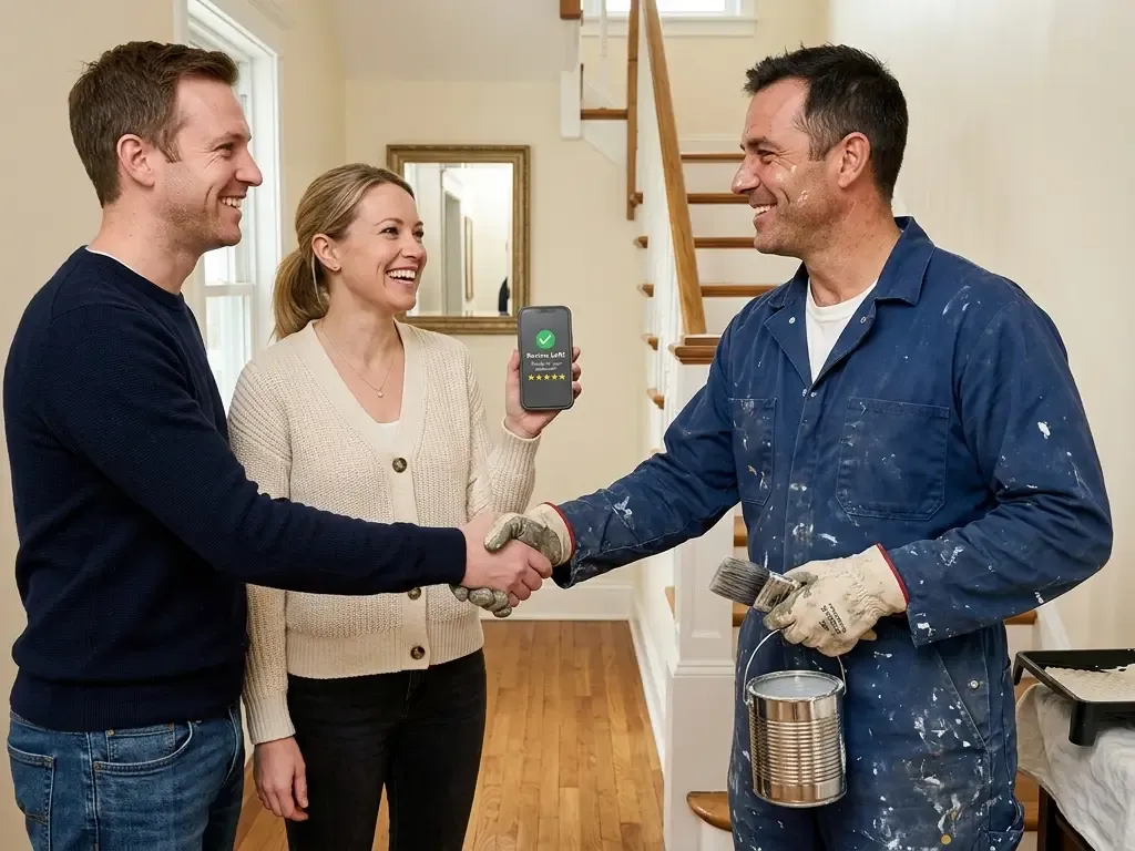 A home service painter shaking hands with a customer couple while the woman proudly holds up a smartphone displaying a successful review confirmation screen