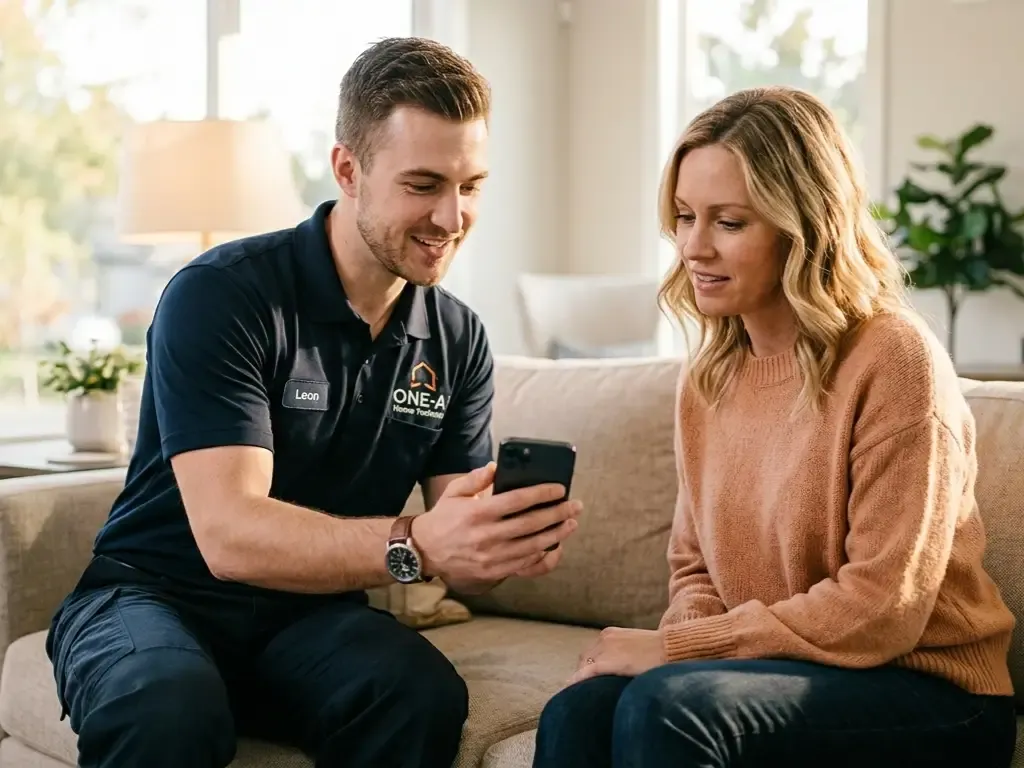 A male service technician wearing a navy uniform with a name tag labeled "Leon" sits on a living room couch next to a woman, smiling as he shows her something on his smartphone.