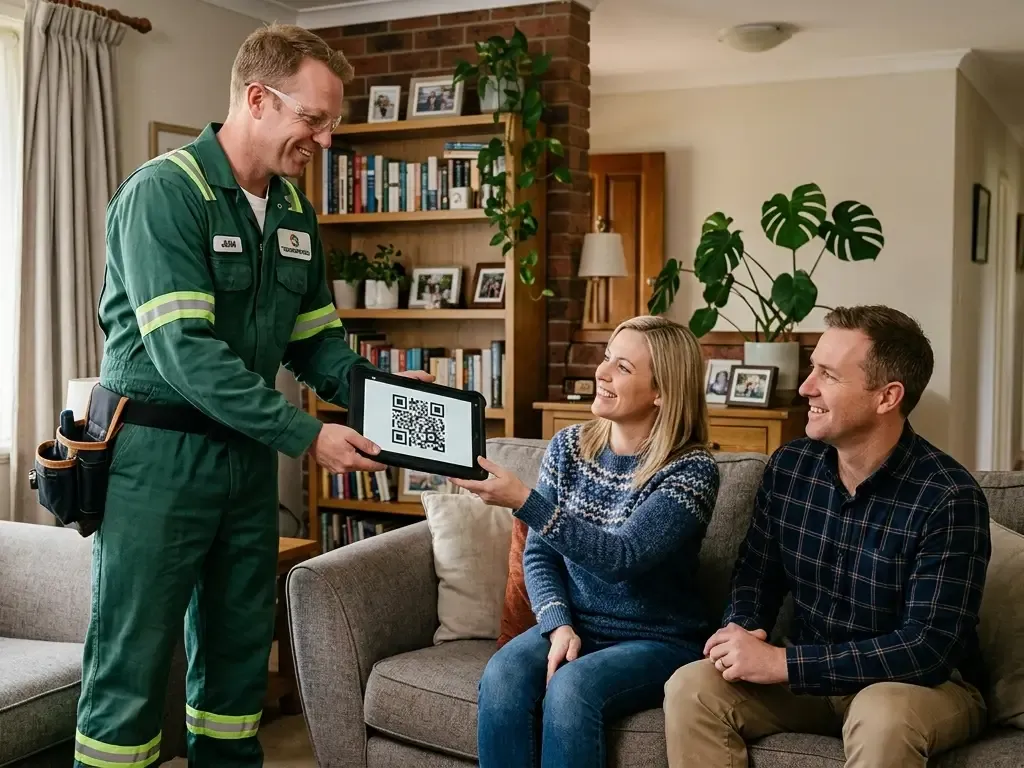 A friendly home service technician in a green uniform and safety glasses hands a digital tablet with a QR code to a smiling couple sitting on a living room sofa.