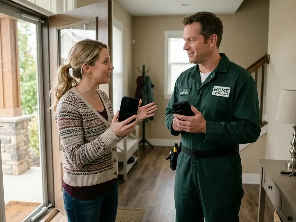 A home service technician in a green uniform and a female customer talking by an open front door while holding their smartphones