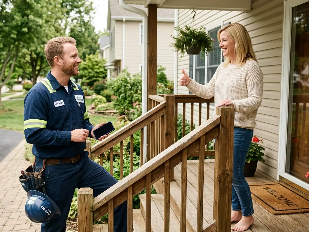 A service technician in a blue uniform and safety gear stands on porch steps, scanning a homeowner's digital QR code on a smartphone to verify a home service request.