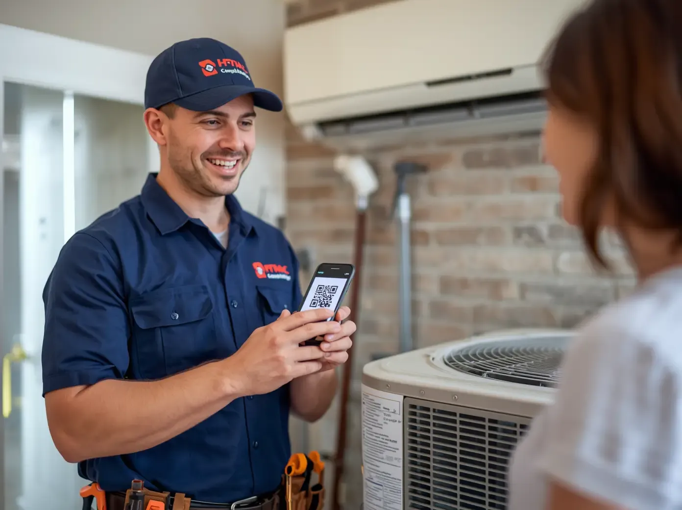 HVAC technician using a smartphone holding a smartphone displaying a QR code for review acquisition