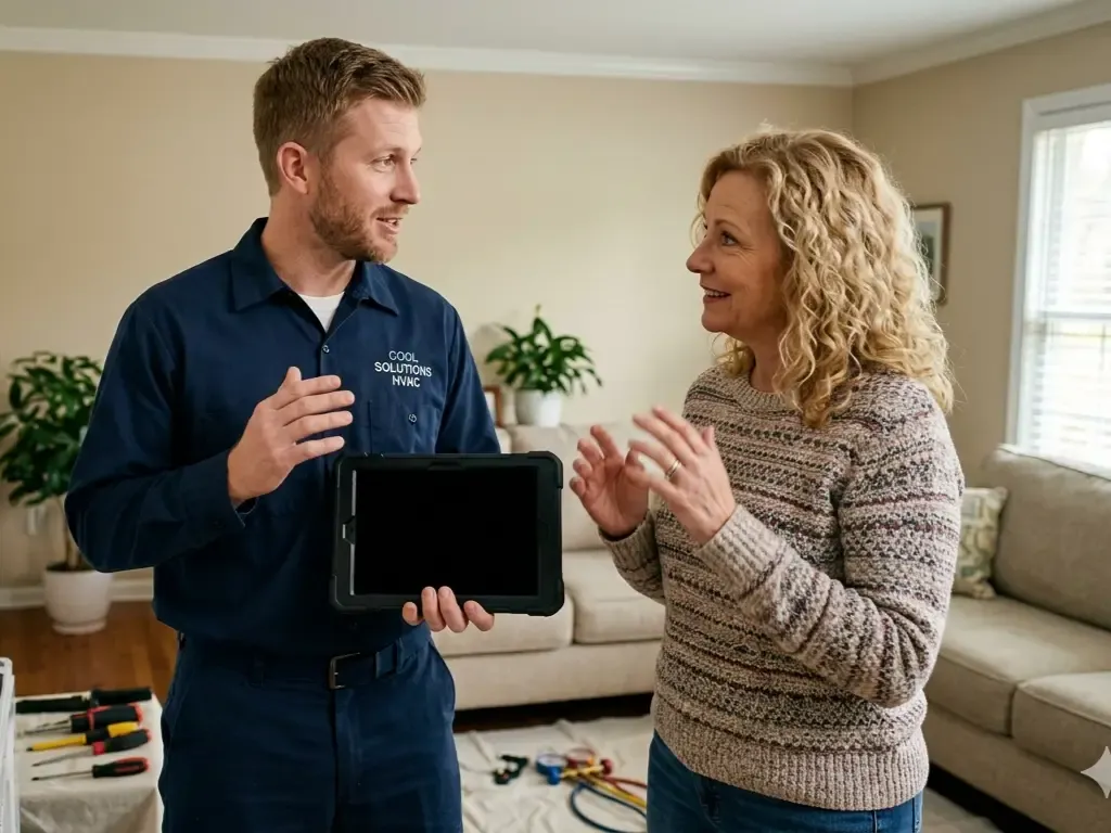 A home service technician speaking to a female customer, holding a tablet in his hand