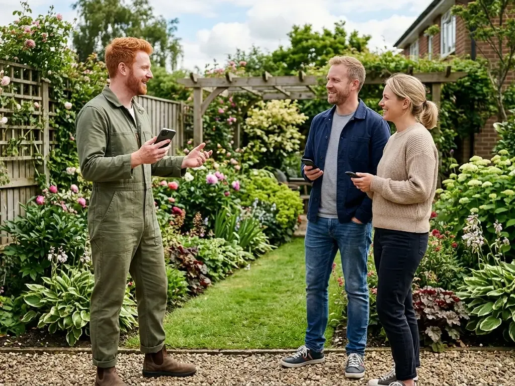 A home service gardener in green coveralls speaking with a couple in a beautifully blooming backyard garden while they all hold their smartphones
