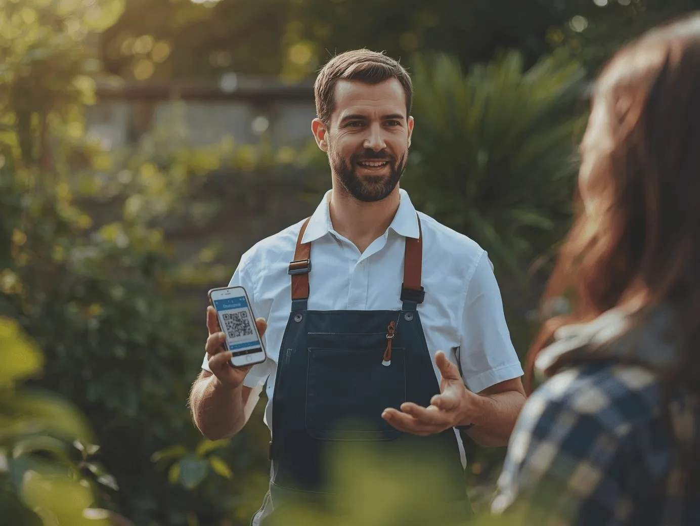A smiling service professional in a white shirt and dark apron standing outdoors, showing a mobile QR code on a smartphone to a customer in a plaid shirt.