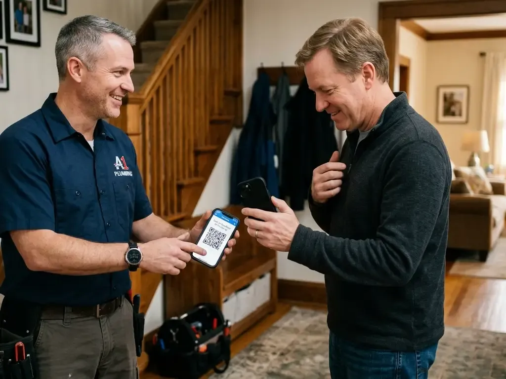 A smiling plumber in a blue uniform pointing to a QR code on his phone while a homeowner holds his smartphone ready to scan it inside a residential home.