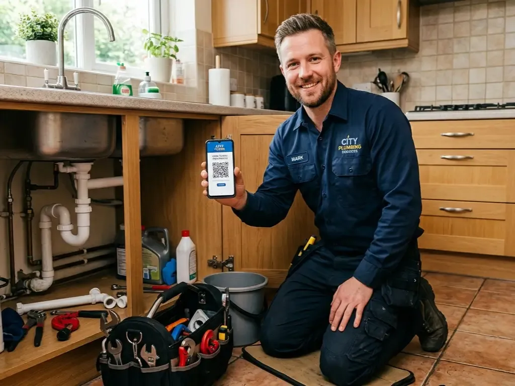 A smiling plumber kneeling next to a kitchen sink and tools, holding up a smartphone with a QR code designed to close the review collection gap