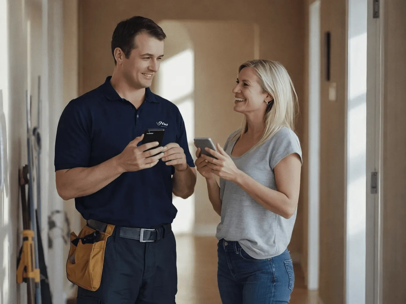 A smiling service technician wearing a tool belt and navy polo shirt showing a mobile app or digital report on a smartphone to a female homeowner in a hallway.