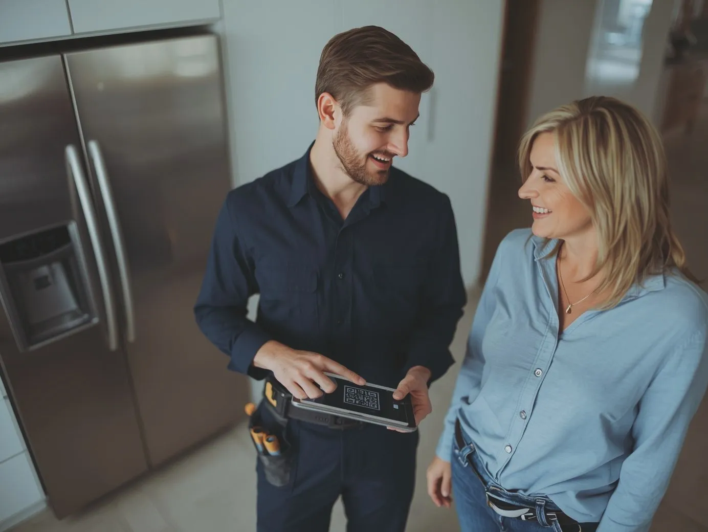 Contractor using a tablet to present a QR code for a customer review or digital payment in a residential home.