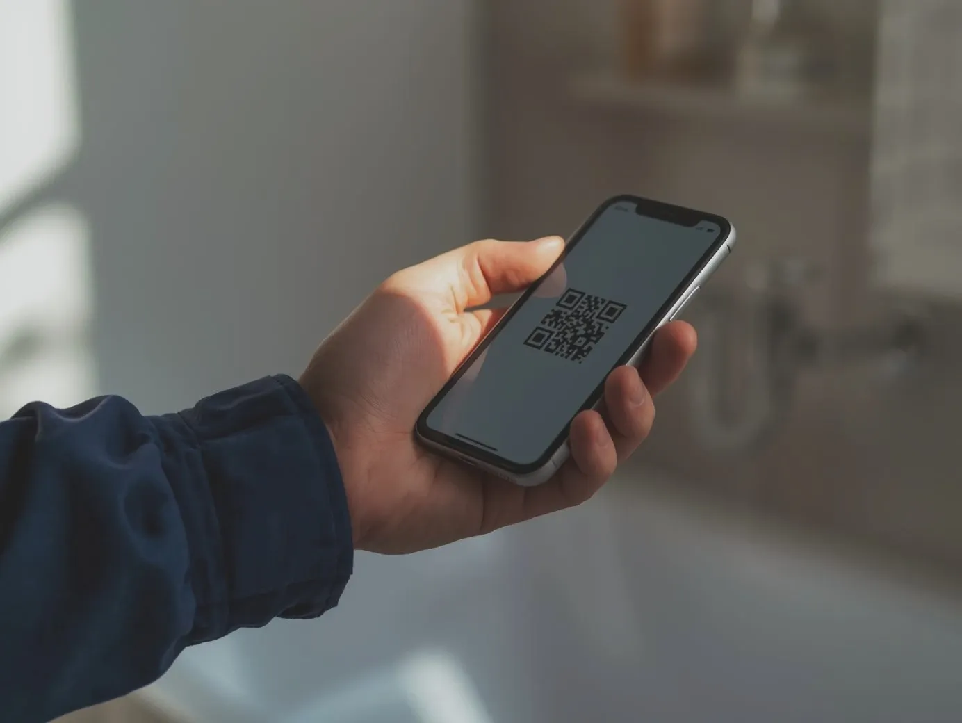 Close-up of a service technician’s hand holding a smartphone to display a clear QR code for instant scanning and digital feedback.