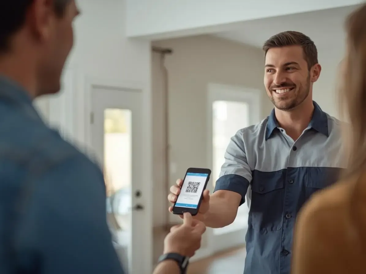 A home technician holding out a smartphone displaying a prominent, scannable QR code