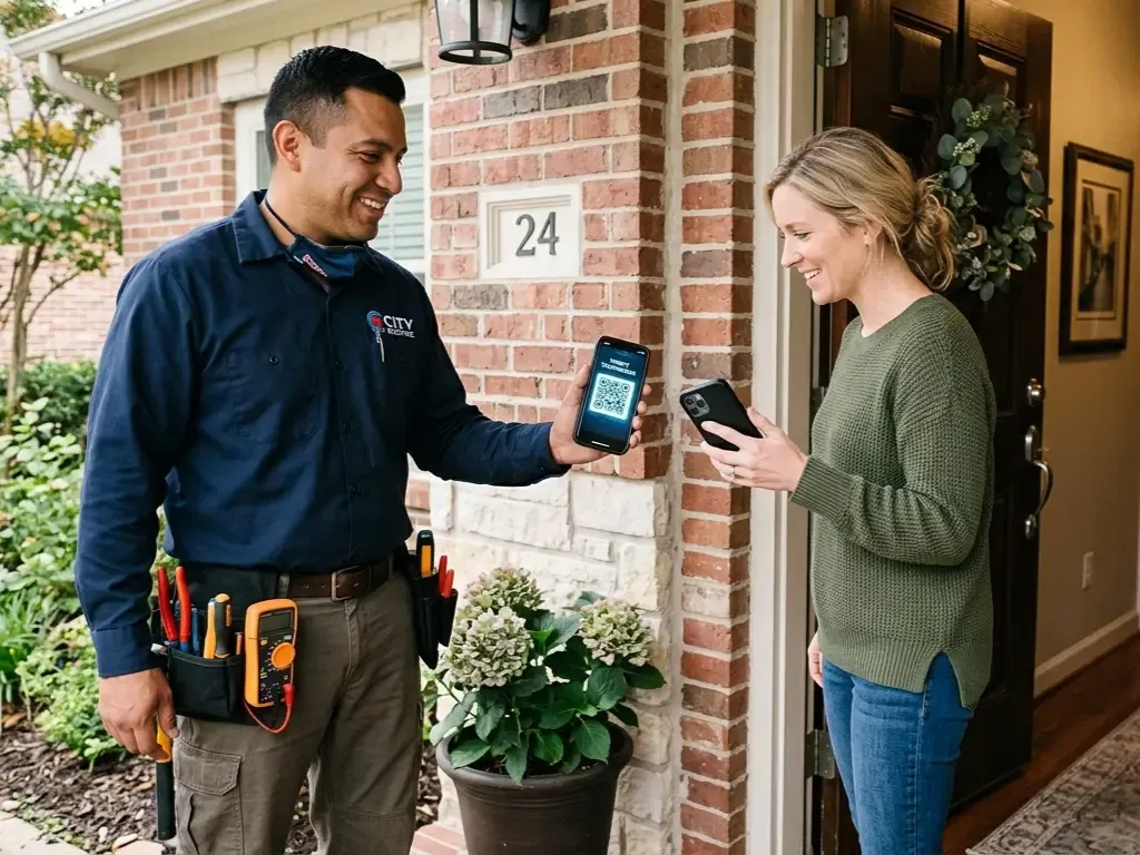 A home service technician showing a QR code on his phone to a female customer at her front door, utilizing the optimal moment to capture instant reviews right after completing the job