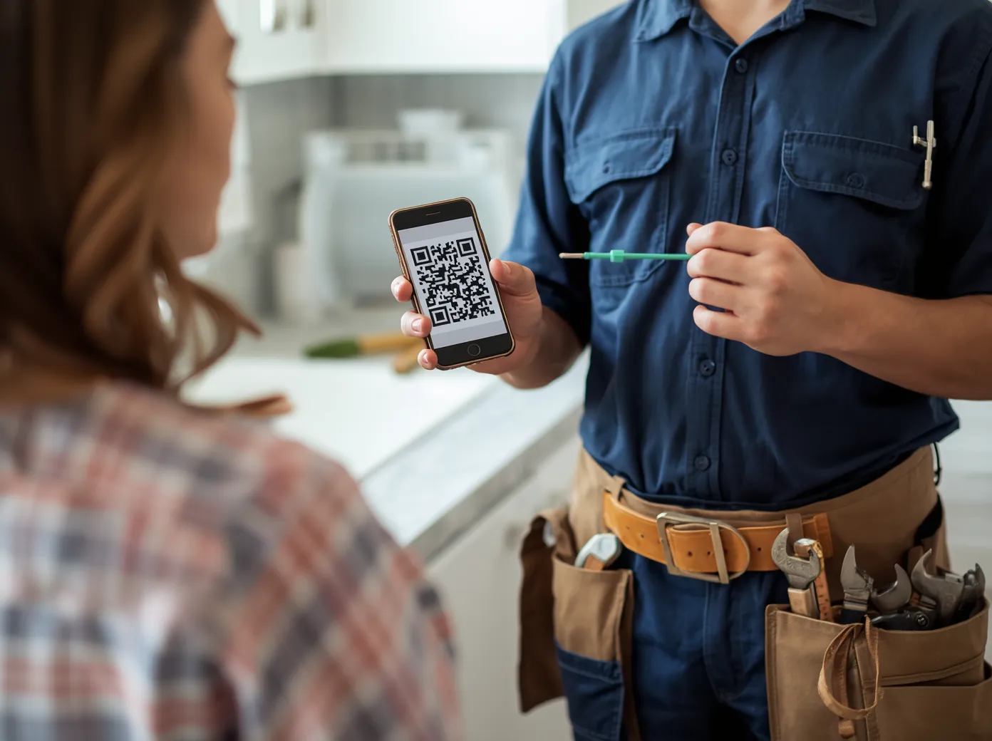 Close-up of a service technician showing a QR code on a smartphone to a customer in a kitchen, ensuring successful review collection