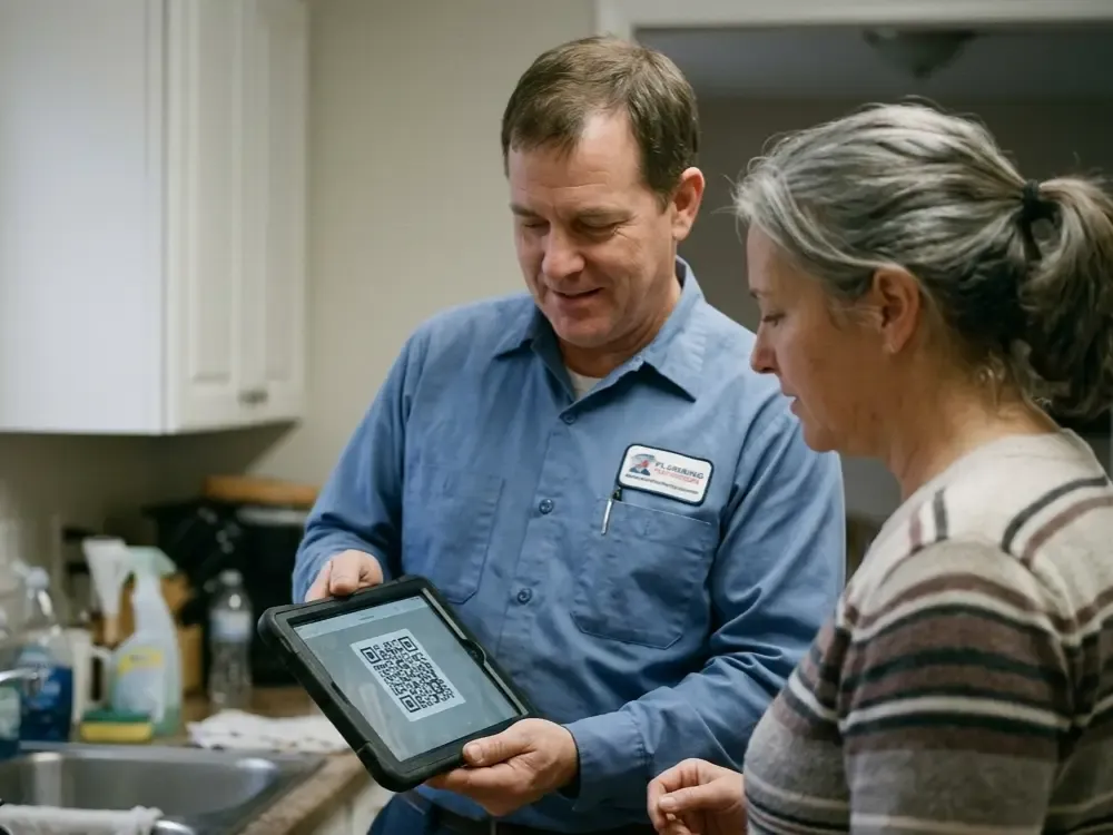 A technician showing a QR code on a tablet to a customer in a kitchen