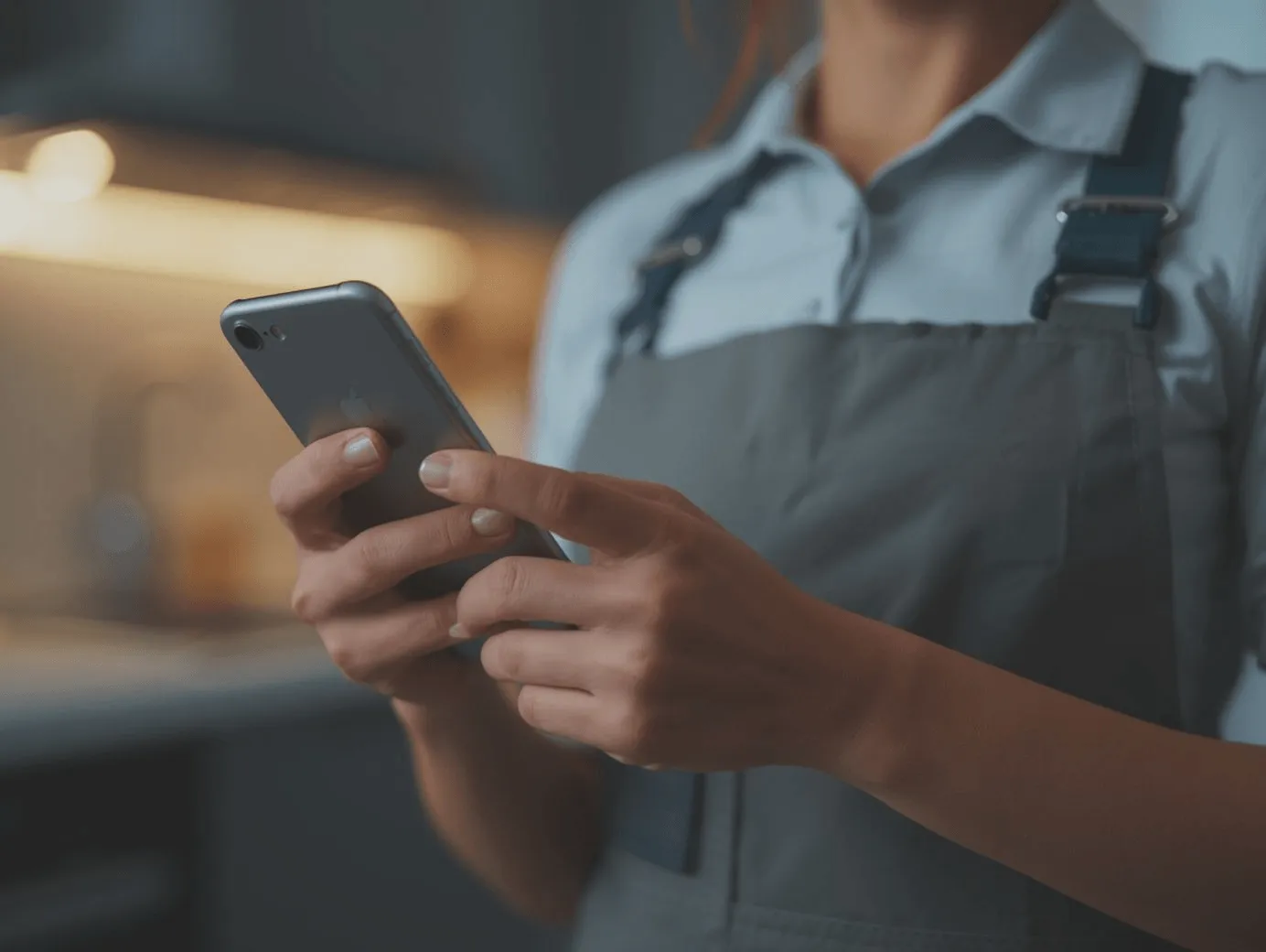 Close-up of a service technician wearing a gray apron and work gear, professionally using a smartphone to manage business tasks or client reviews.