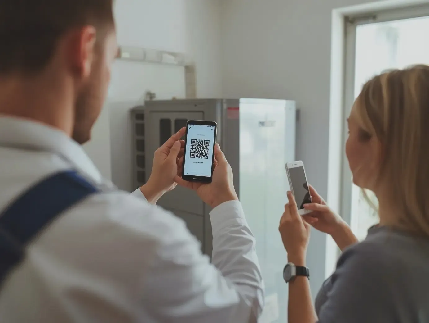 A service technician holding a smartphone with a QR code for a customer to scan and leave a business review in a utility room setting.