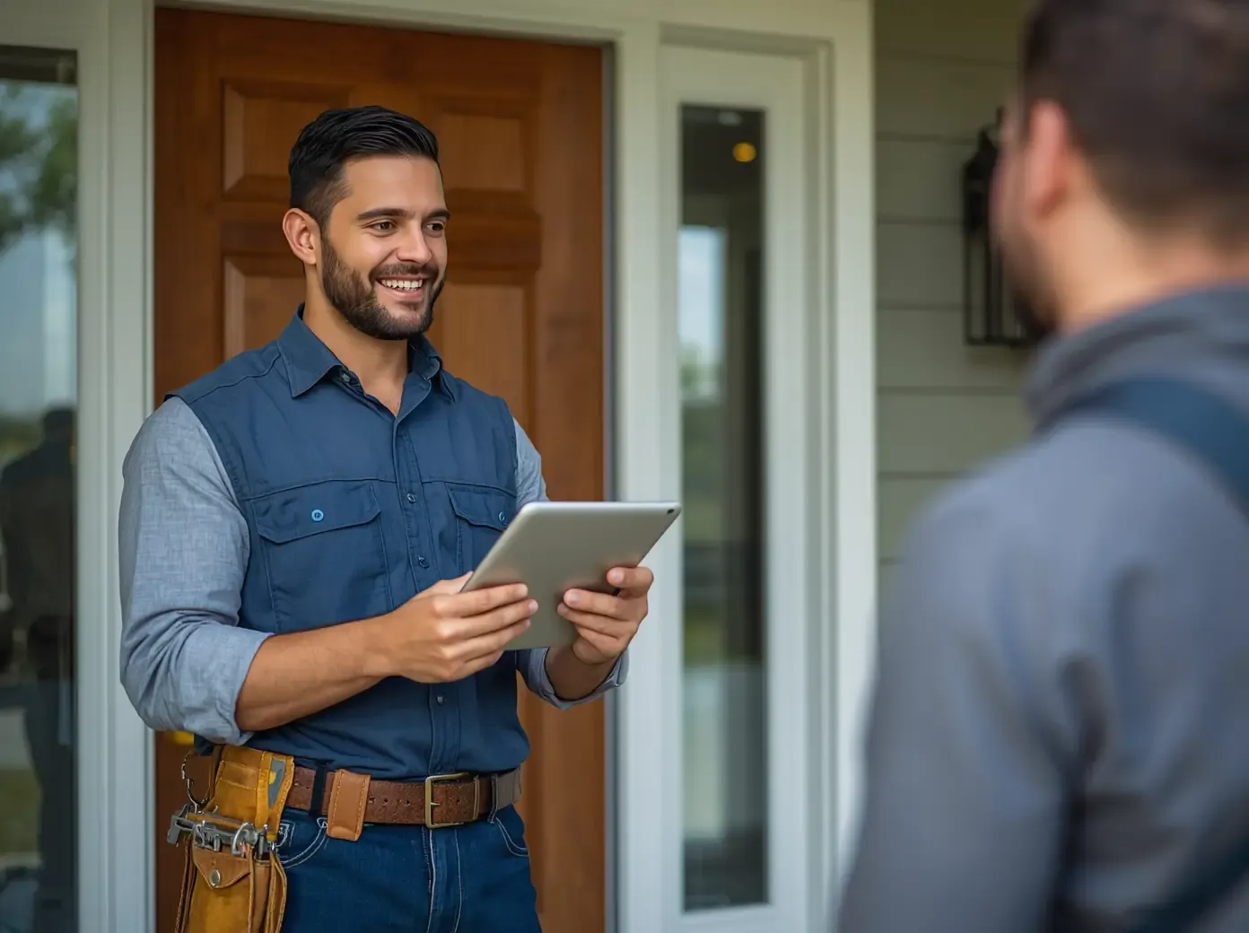 Technician holding a digital tablet while talking to a homeowner at the front door