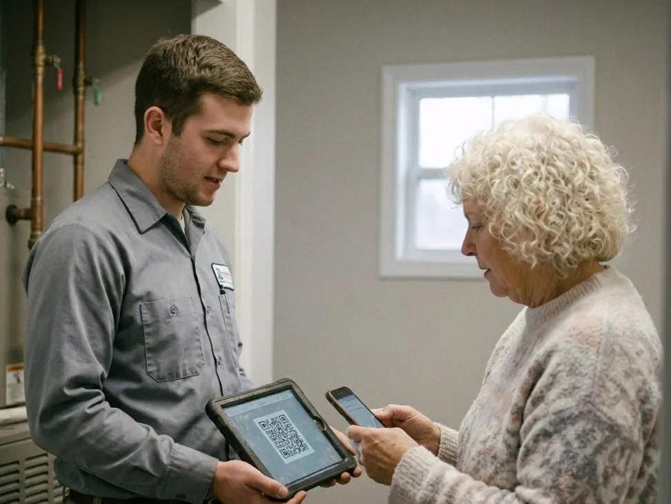 A technician looking down at a tablet while a customer holds a smartphone